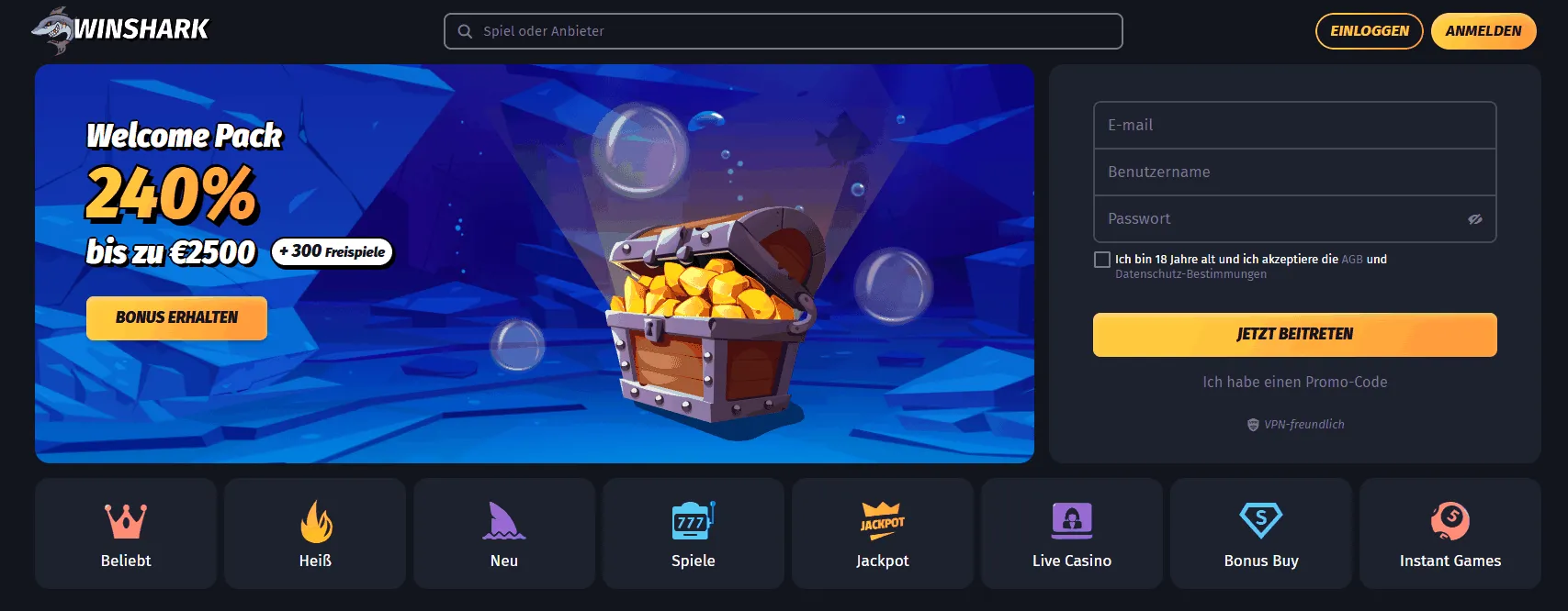 WinShark Casino Startseite